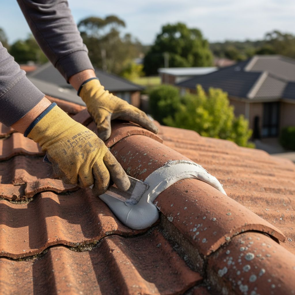Ridge cap being repointed with flexible compound